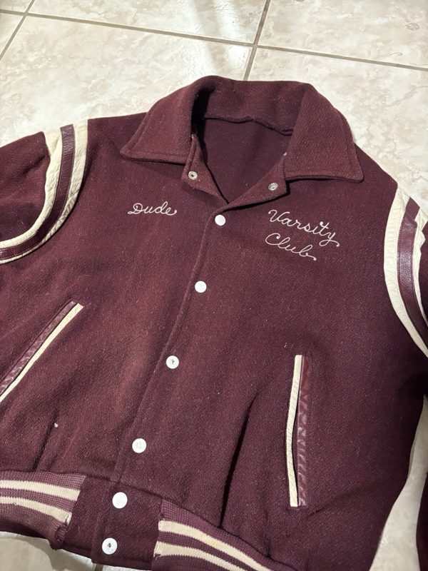 1940s Heavy Wool Varsity Jacket, Burgundy, White Leather Sleeves, Chain Stitch, photo 2