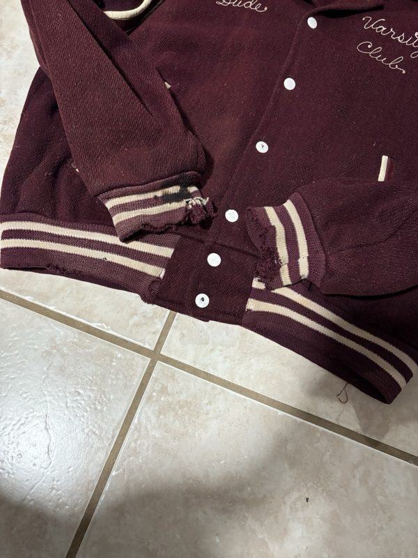 1940s Heavy Wool Varsity Jacket, Burgundy, White Leather Sleeves, Chain Stitch, photo 5