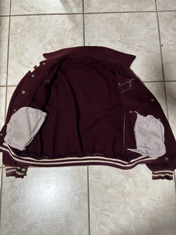 1940s Heavy Wool Varsity Jacket, Burgundy, White Leather Sleeves, Chain Stitch, photo 7